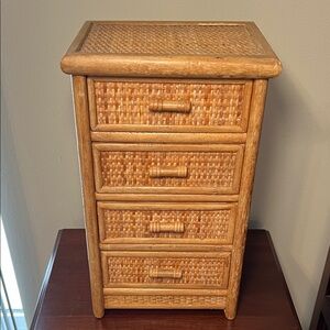 Vintage MCM 1970s Bamboo Rattan Wicker  Boho 4 Drawer Storage Chest Jewelry Box